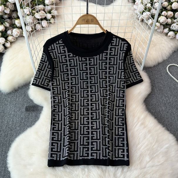 Women's Clothing Diamond Round Neck Short Sleeved T Shirt Women's Versatile Bottoming Shirt Foreign Style Retro Chic Top Trend_ecoleips.com