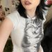 European American Harajuku Cat Print Slim Top Women's round Neck Short Sleeve T-Shirt Y2K Retro Style Versatile Basic New Cross Border_ecoleips.com