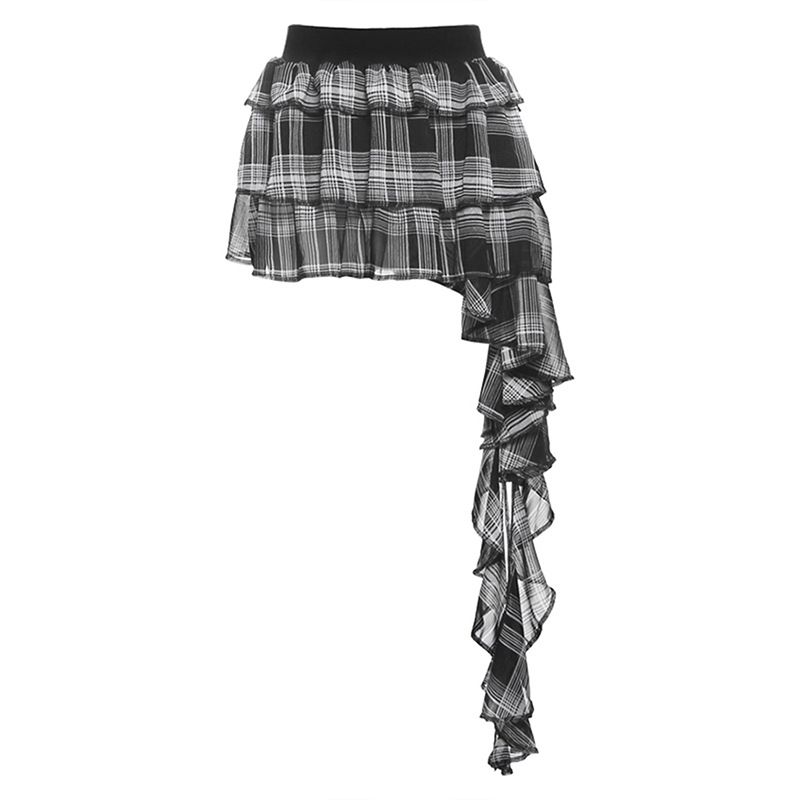 Verve 2025 Spring New Women's Fashion Three-Dimensional Ruffle Patchwork Design High-Waisted Plaid Skirt_ecoleips.com