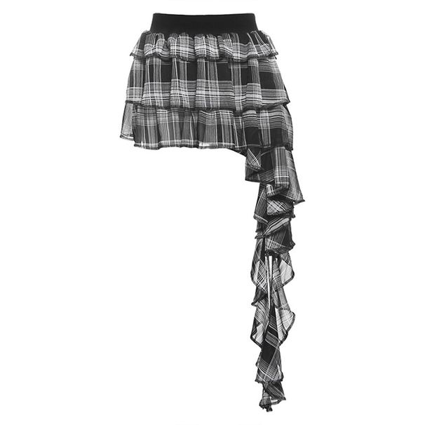 Verve 2025 Spring New Women's Fashion Three-Dimensional Ruffle Patchwork Design High-Waisted Plaid Skirt_ecoleips.com