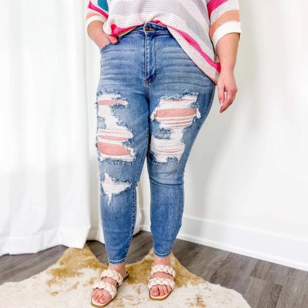 2025 New European And American Light-Colored Long Ripped Jeans Women, Street Style Mid-Waist Slim-Fit Trousers For Women_ecoleips.com