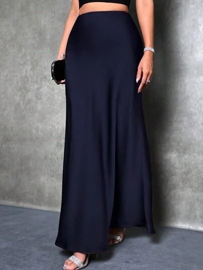 Elegant Satin Maxi Skirt – Flowy A-Line Long Skirt With Smooth Polyester Fabric, Light Blue/Slate Blue/Navy, XS/S/M/L/XL_ecoleips.com