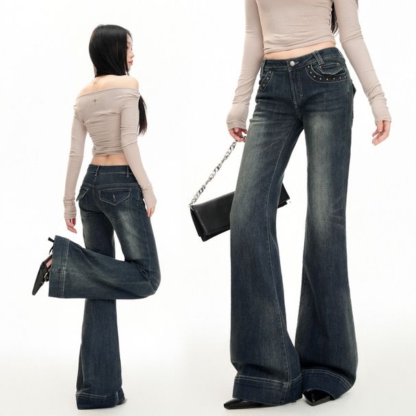 Rivet Low-waist Hot Girl Flared Jeans, 25 Autumn New American Style Elastic Versatile Slim-fit Micro-flare Denim Pants_ecoleips.com