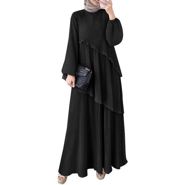 ZANZEA Patchwork Lantern Sleeve Abaya Robes Women Plisse Layered Elegant Maxi Dress Muslim Fashion Islamic Hijab Pleated Dress_ecoleips.com