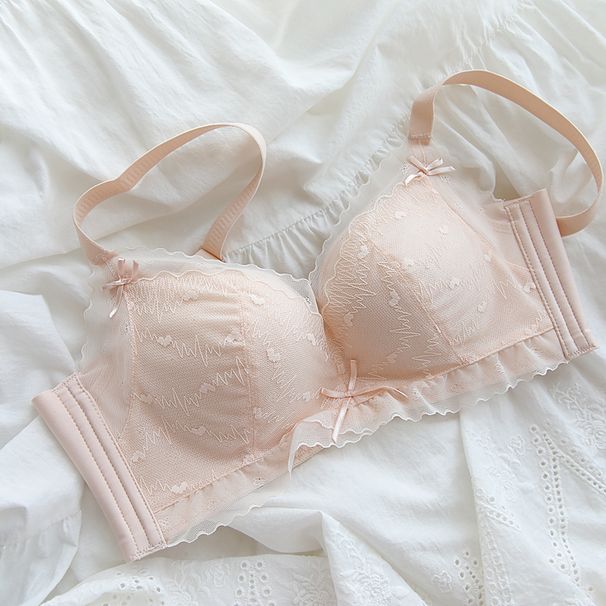 girl Gentle And Cool ~ French Style Heart Lace Small Chest Push-Up Wireless Modal Bra Set For Women_ecoleips.com