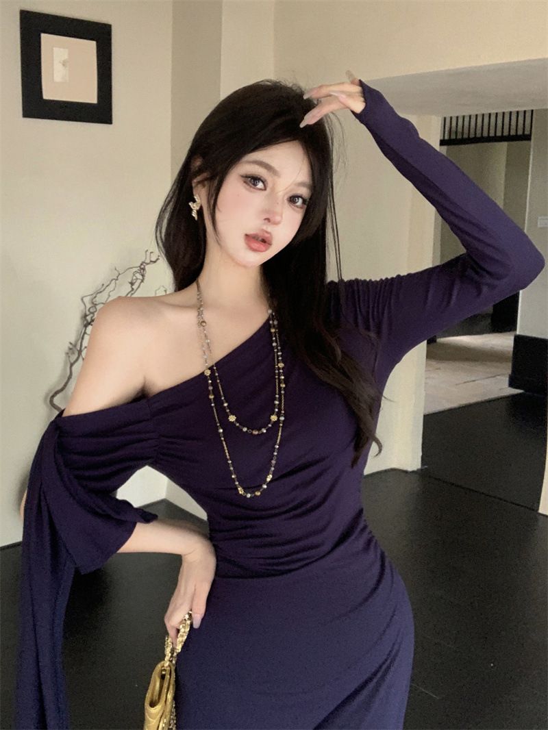 Burgundy Satin Slit-Neck Long Sleeve Bodycon Dress High Waist Asymmetrical Wrap Midi Dress with Detachable Sash for Women_ecoleips.com