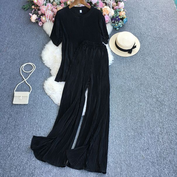 Women's Clothing Solid Color Pleated Short Sleeves + Long Pants_ecoleips.com