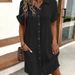 Women's Casual Loose Fit A-Line Midi Dress Button Front Short Sleeve Polyester Solid Color_ecoleips.com