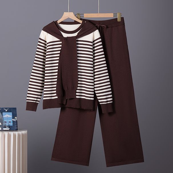Women's Elegant Knitted Two-Piece Set Striped Sweater Wide Leg Pants Autumn Winter Professional_ecoleips.com
