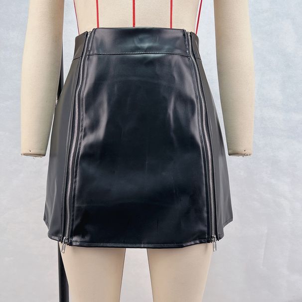 Verve Women's Fashion Elegant Street Casual Double Zipper Slim Fit High Waist Bodycon PU Leather Short Skirt_ecoleips.com