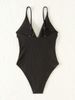 Black Spaghetti Strap Deep V-Neck Fitted Solid One Piece Swimsuit For Women_ecoleips.com