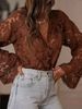 Women's Black Floral Lace Blouse, V Neck Long Flare Sleeve Sheer Mesh Shirt, Elegant Button Down Casual Top For Daily Wear, Party, Date Night, Romanti_ecoleips.com