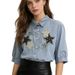 Women's Soft Denim Short Sleeved Shirt Three Dimensional Large Flower Sequin Embellished Cowhide New Style Top_ecoleips.com