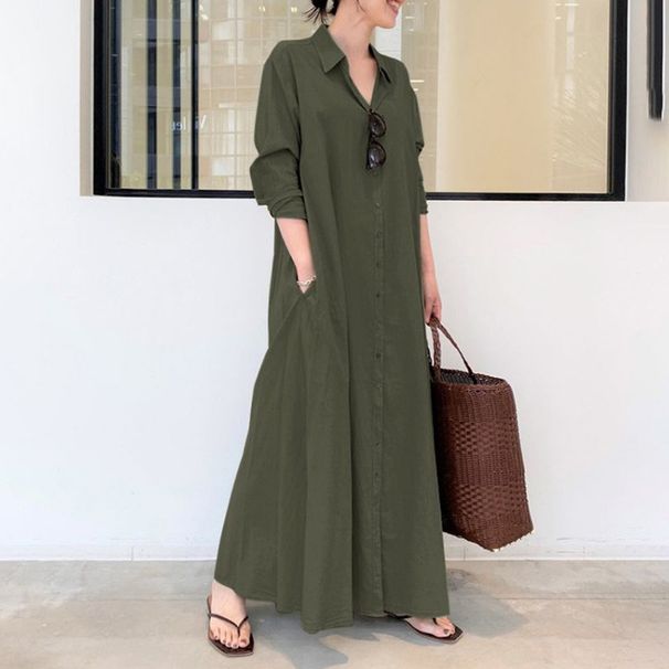 Women's Clothing new style solid color lapel long sleeve pocket simple loose casual long shirt dress_ecoleips.com