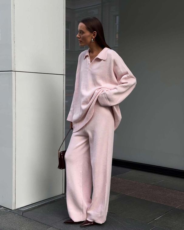 Women's Knit Sweater & Wide Leg Pants Set – Polo Collar Lapel Two-Piece Outfit (Greyish/Pinkish/Burgundy)_ecoleips.com