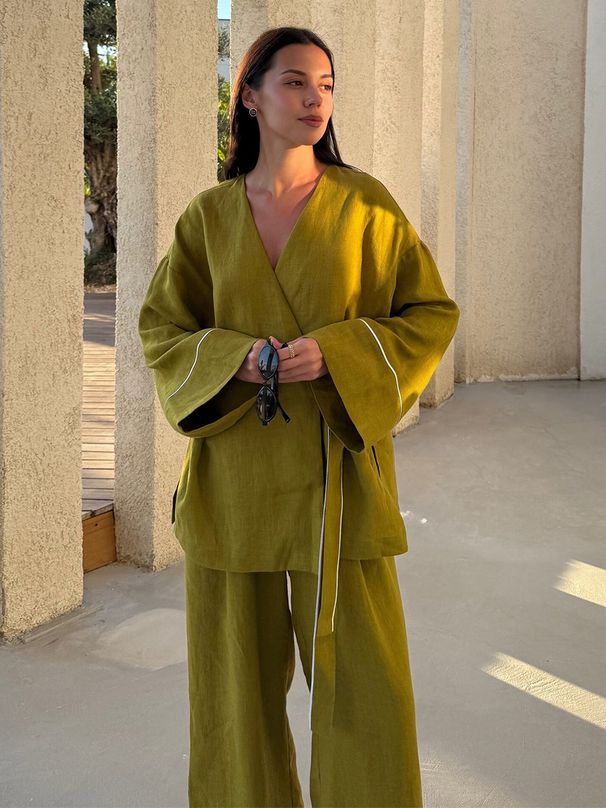 Women's Clothing V Neck Cardigan Wide Leg Pants Set American Style Two Piece Shirt Spring New Clothing_ecoleips.com