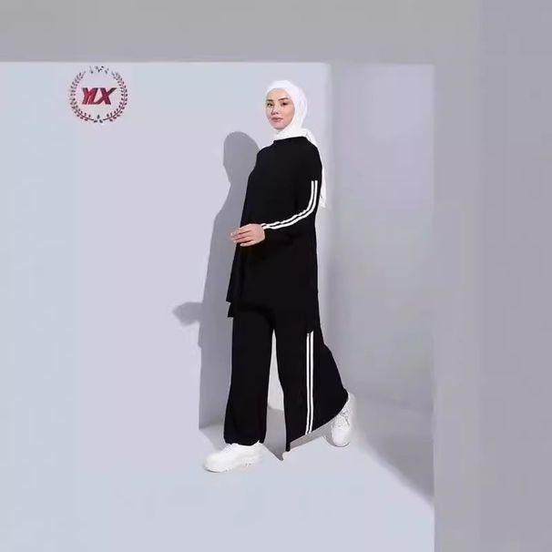 Autumn Wide-Leg High-Waist Slimming Muslim Fashion Striped Solid Color Set_ecoleips.com