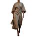 Women's Clothing Fashion Temperament Elegant Solid Color Waist Dress Casual Bat Sleeve Long Dress_ecoleips.com