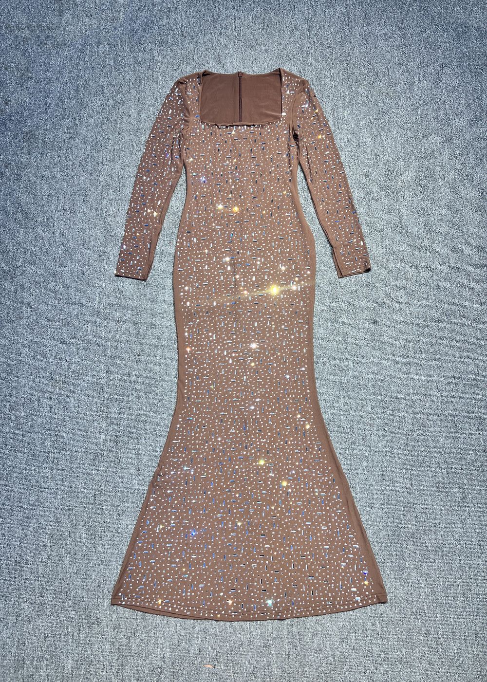 Women's Clothing Heavy Industry Hot Girl Rhinestone Nude See Through Sexy Slim Long Sleeved Dress Long Skirt Banquet Evening Dress_ecoleips.com
