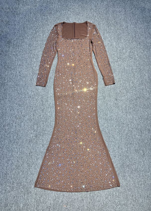 Women's Clothing Heavy Industry Hot Girl Rhinestone Nude See Through Sexy Slim Long Sleeved Dress Long Skirt Banquet Evening Dress_ecoleips.com