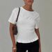 Women's Slimming Pleated Top American Style Hot Girl round Neck Short Sleeve Solid Color Versatile Summer Top Waist Cinching_ecoleips.com