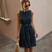 Elegant Ruffle Hem Round Neck Midi Dress With Waist Tie - Flattering A-Line Fit For Women, Royal Blue_ecoleips.com