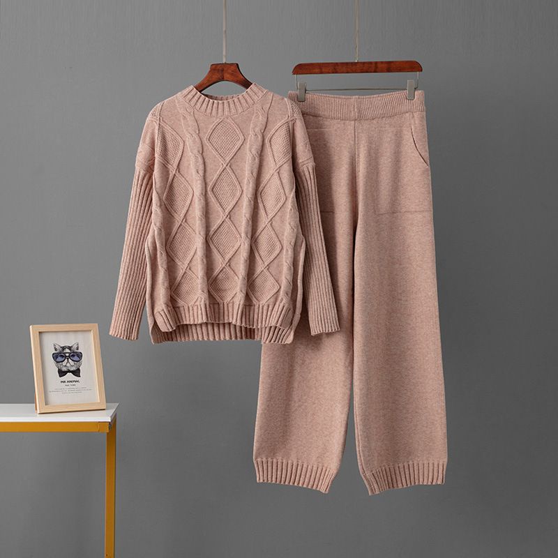 plus Size Women's Cable Knit Pullover Sweater Set European American Style Casual Two Piece Autumn Winter Clothing_ecoleips.com