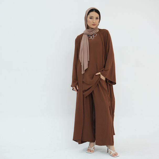 Voya Women's Solid Color Three Piece Set Cardigan Jacket+sleeveless Inner Top+pants With Pockets, Without Headscarf_ecoleips.com