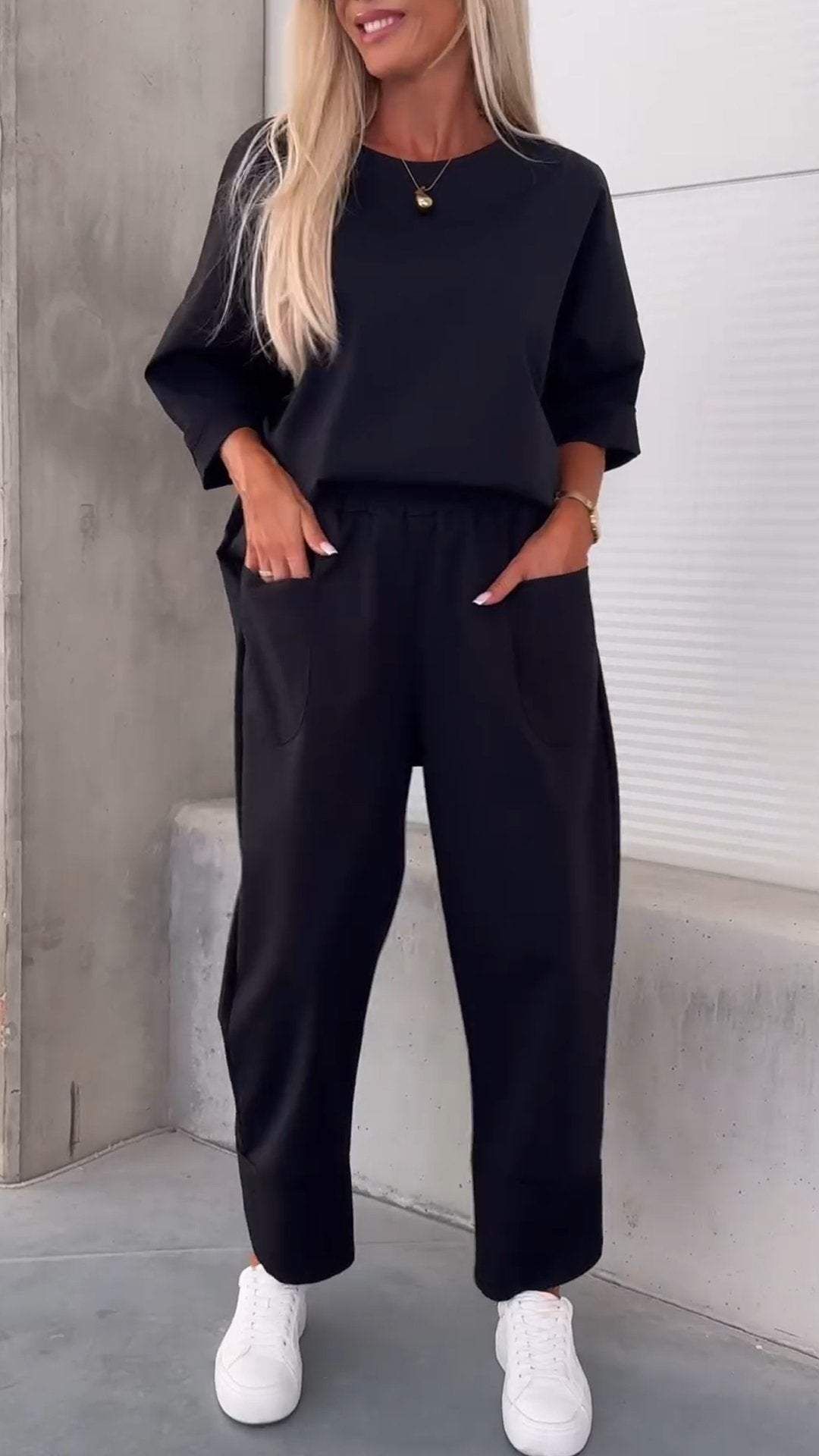 Women's Clothing Casual Two Piece Suit Solid Color Round Neck Nine Point Pants Suit Female_ecoleips.com