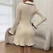 Elegant Knit Dress With Notched Collar & Flounce Hem – Slim Fit Long Sleeve Tunic For Women_ecoleips.com
