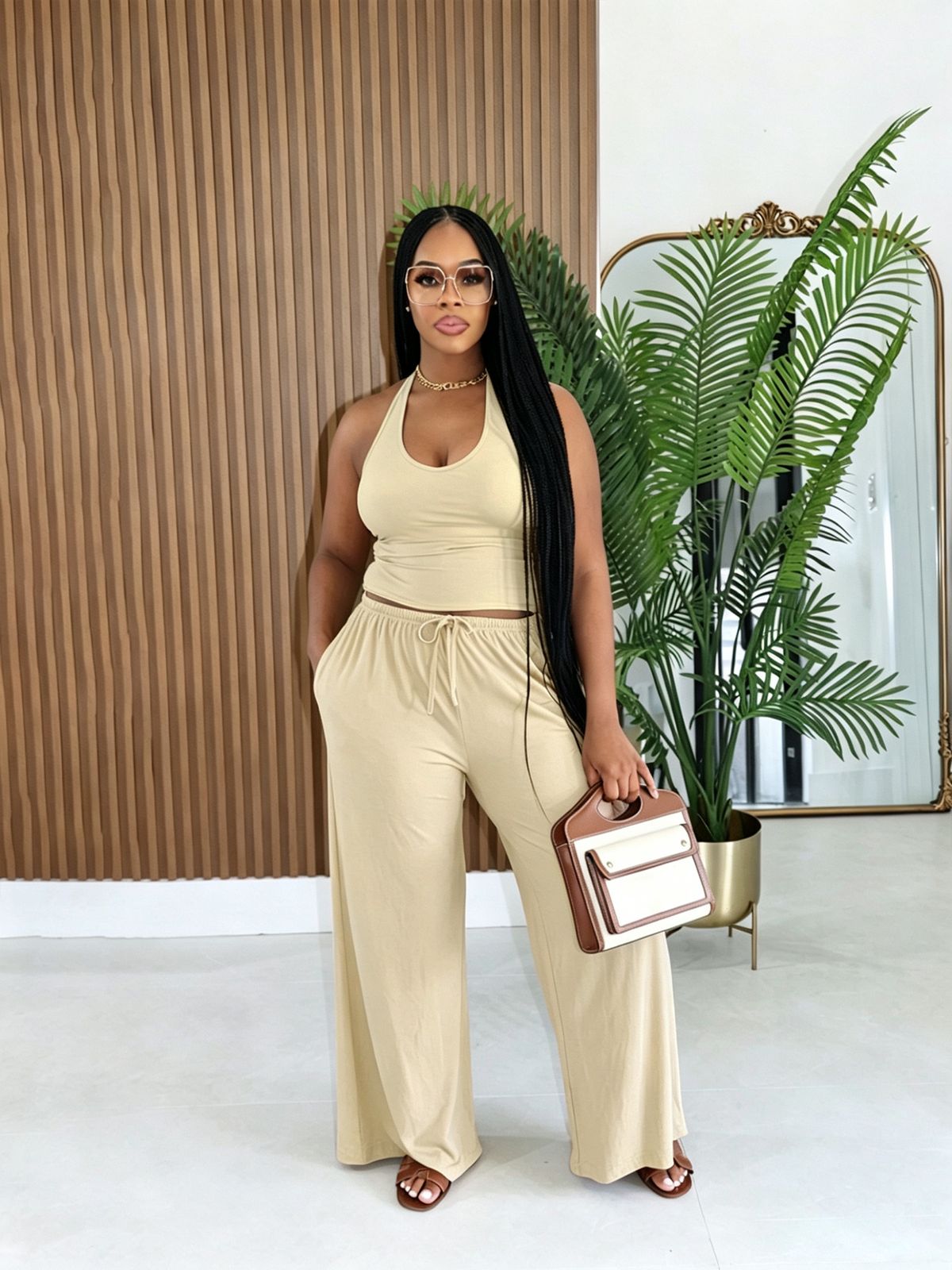 Women's Halter Neck High-Waisted Wide-Leg Pants Set Casual Summer Two-Piece Outfit with Pockets_ecoleips.com