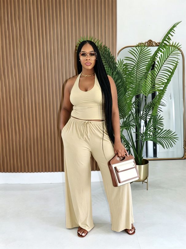 Women's Halter Neck High-Waisted Wide-Leg Pants Set Casual Summer Two-Piece Outfit with Pockets_ecoleips.com
