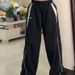 Women's Clothing Elastic Waist Stitching Sports Pants Retro Street High Waist Loose Straight Wide Leg Pants_ecoleips.com