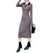 Women's Knit Dress Autumn New Arrival Polo Collar Pleated Waist Irregular Slit Striped Long Sleeve Dress_ecoleips.com