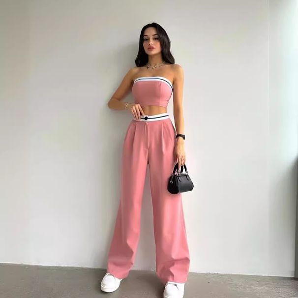 Women's New Style Hot Girl Outer Wear Sports Vest Tube Top Contrast Color High Waist Wide Leg Trousers Casual Suit_ecoleips.com