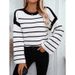 Autumn And Winter Round Neck Loose Black And White Striped Pullover Long Sleeve Off-Shoulder Knitted Sweater For Women_ecoleips.com