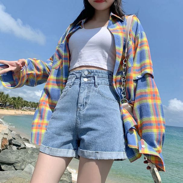 Women's Super High-Waisted Denim Shorts Straight Leg Double Buckle Loose Fit Rolled Hem Wide Leg Hot Pants Trendy Summer Style_ecoleips.com