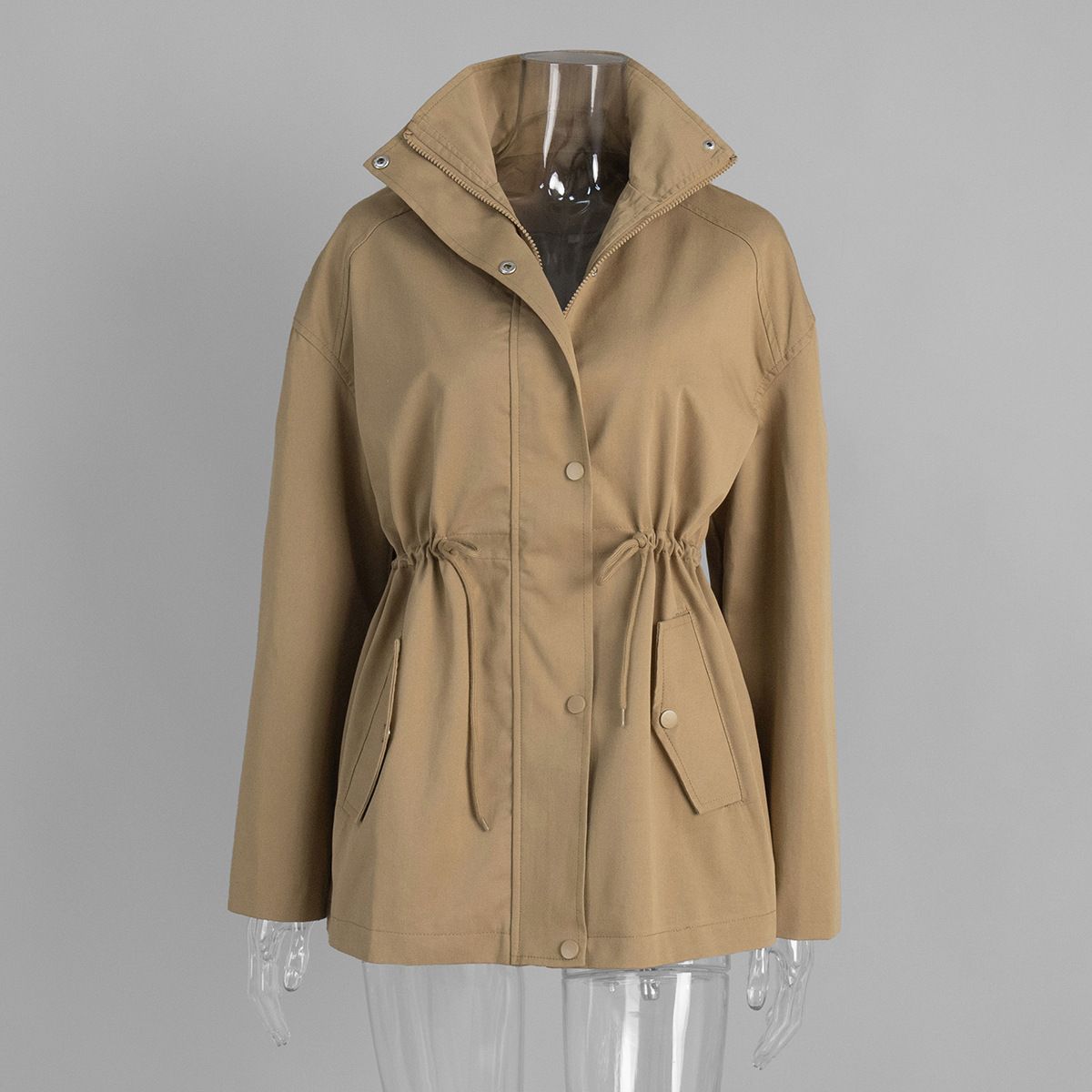 Women's Stand Up Collar Trench Coat Mid-Length Drawstring Waist Autumn/Winter Pure Cotton Jacket European American Style_ecoleips.com