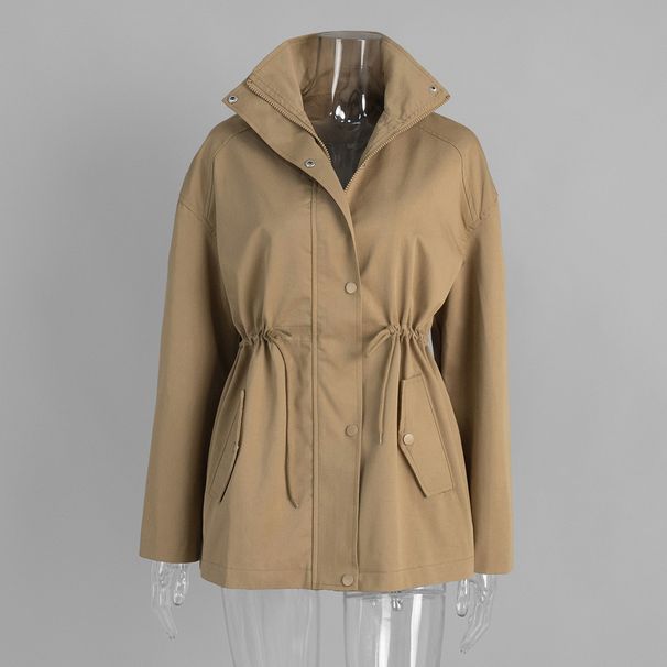 Women's Stand Up Collar Trench Coat Mid-Length Drawstring Waist Autumn/Winter Pure Cotton Jacket European American Style_ecoleips.com
