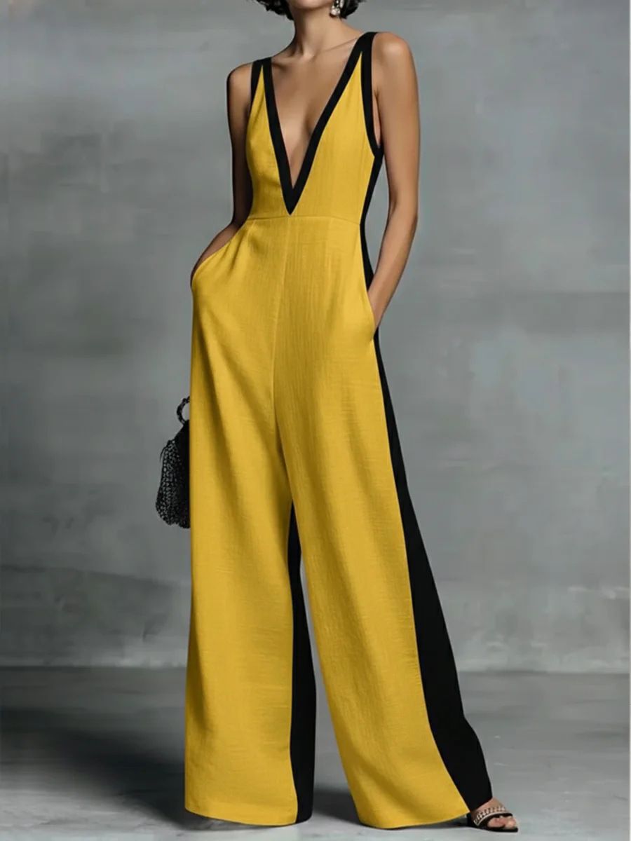 Women's V Neck Sleeveless Jumpsuit Color Block Wide Leg Pants Summer Fashion Style Independent Website Suspender Rompers_ecoleips.com