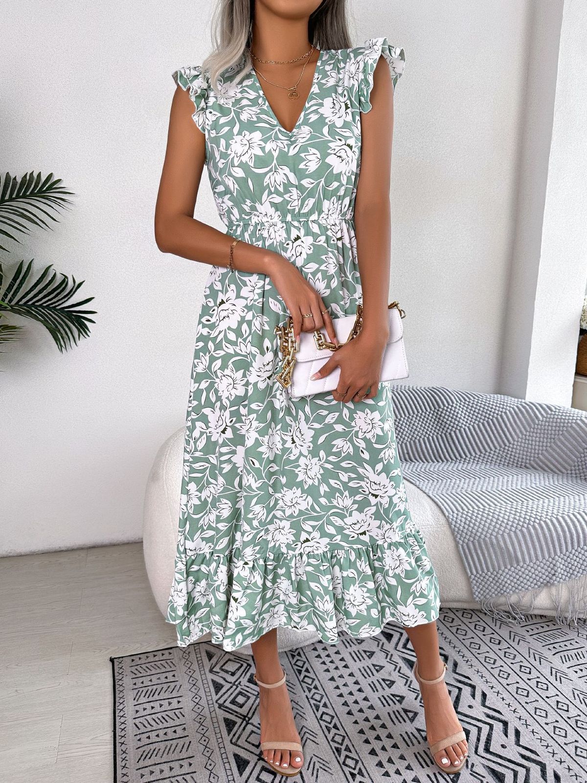 Real Shot European And American Spring Summer Casual Ruffled Floral Waist-Cinching Long Vacation Dress Foreign_ecoleips.com