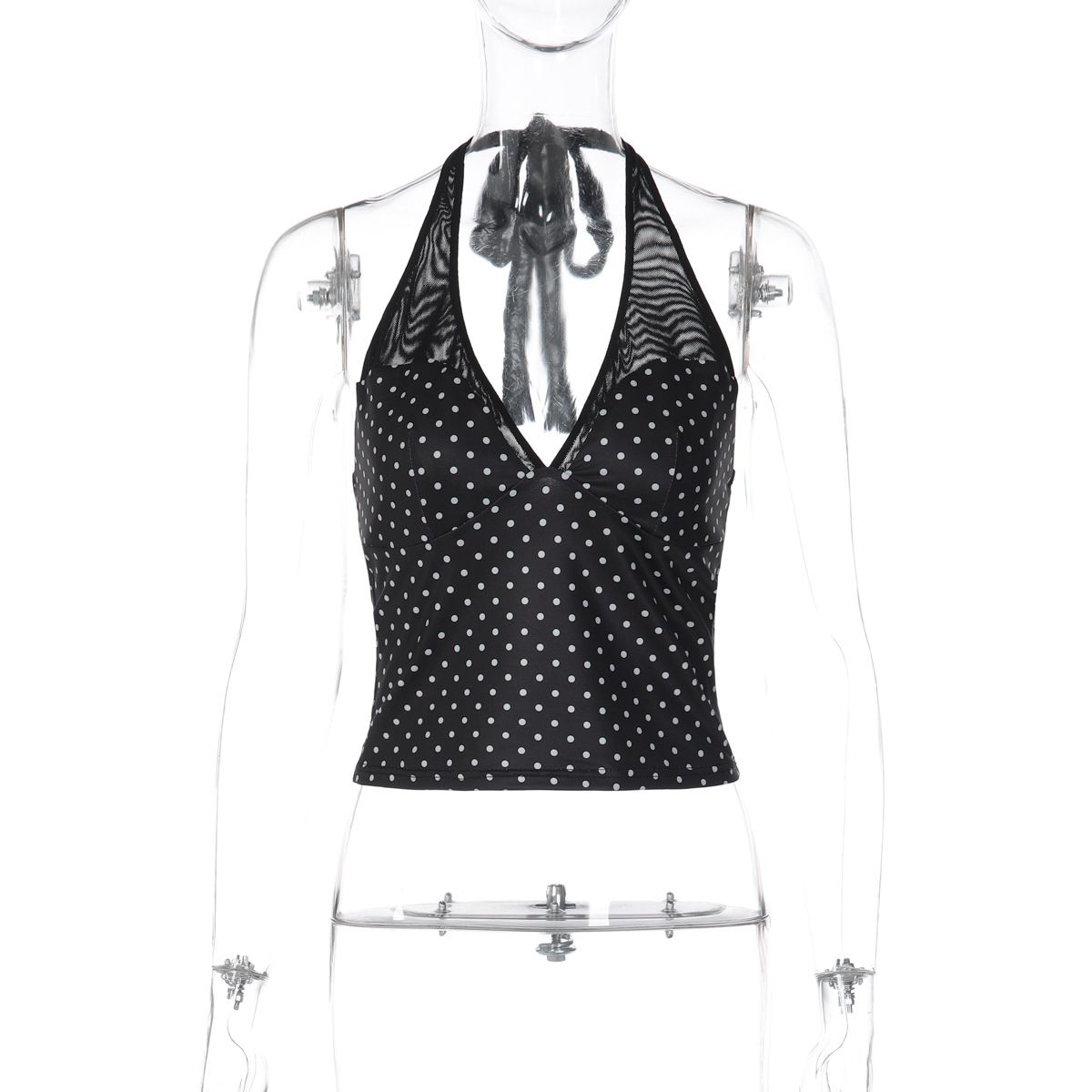 Women's Clothing Elegant Polka Dot Halter Neck Camisole Backless V Neck Top Slimming Waist Spring Summer Fashion_ecoleips.com