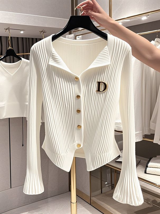 Women's Trendy White Bell Sleeve Knitted Cardigan Korean Style Early Autumn Slim Fit Flattering Base Layer Top_ecoleips.com