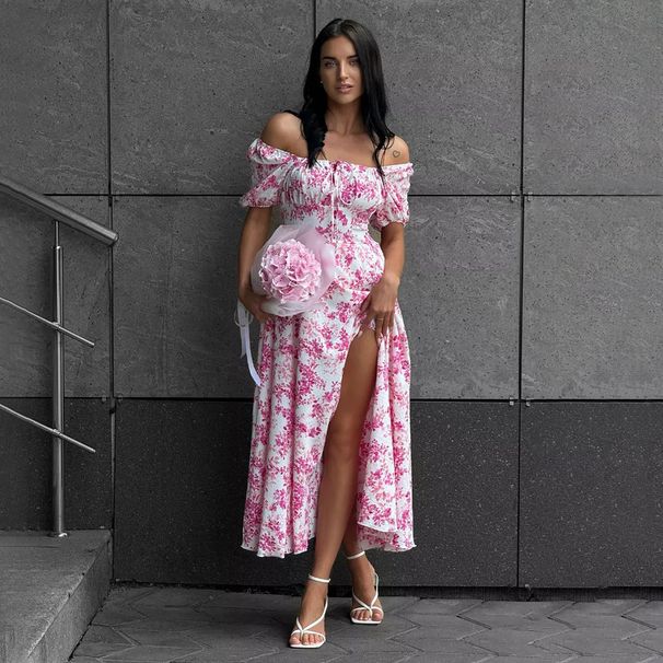 Cross-border Off-shoulder Floral Dress, European And American 2026 Summer New Style, Short-sleeved, Tie-waist, Printed,_ecoleips.com
