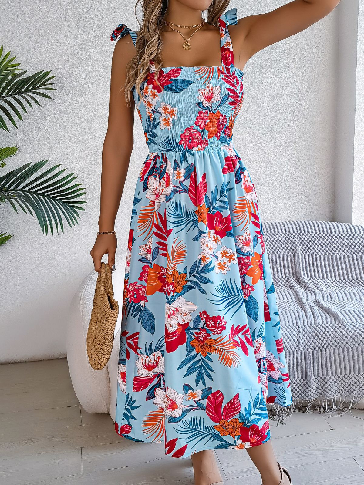 2026 Spring/Summer European And American Floral Tie-Waist Strap Vacation Beach Long Dress Independent Station_ecoleips.com