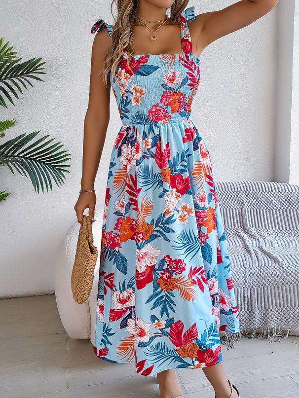 2026 Spring/Summer European And American Floral Tie-Waist Strap Vacation Beach Long Dress Independent Station_ecoleips.com