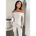 GL6706 Women's Fashion Small Ribbed Irregular Off-Shoulder Lapel Waist Flared Pants Two-Piece Set_ecoleips.com