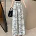 Suitable For All Seasons French Style Printed Linen Wide-Leg For Women, Summer Thin Loose Slimming Lazy Relaxed Ice Silk Straight Pants_ecoleips.com
