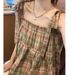 Sweet Girl's Outfit: Retro Lace-Up Square-Neck Vest, Fresh Plaid Babydoll Shirt, Short Sweet And Cool Camisole Top_ecoleips.com