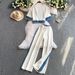 Women's Clothing Style Niche Design Splicing Tassel Denim Short Sleeved Top High Waist Slim Wide Leg Pants Two Piece Set_ecoleips.com